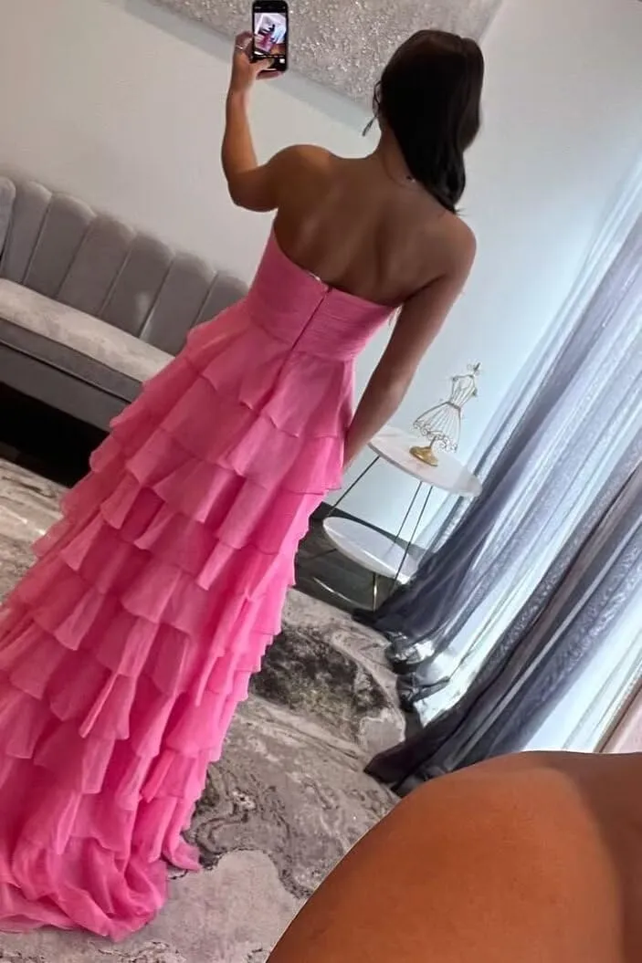 Strapless Chiffon Bridesmaid Dress with Bow Sweetheart Neck Ruffle Tiered Split Formal Prom Dress Evening Gown