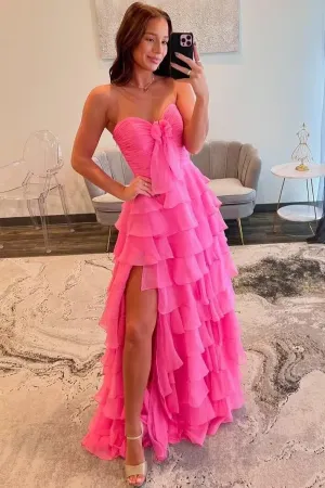 Strapless Chiffon Bridesmaid Dress with Bow Sweetheart Neck Ruffle Tiered Split Formal Prom Dress Evening Gown