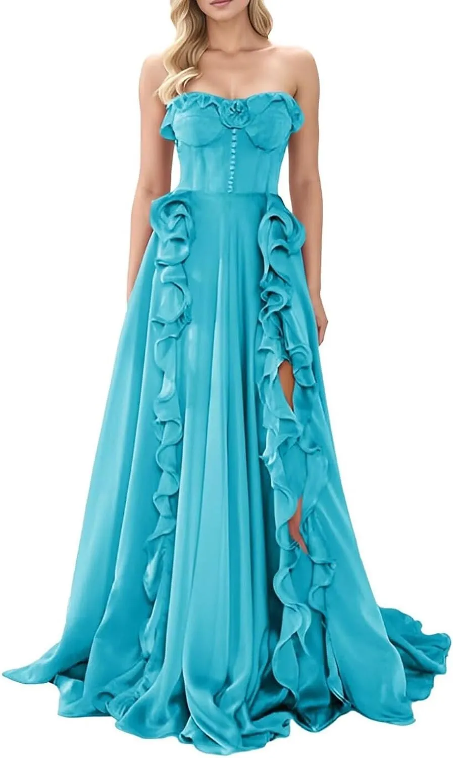 Strapless Prom Dresses for Women 2025 with Slit Long Ball Gown A-Line Ruffles Chiffon Formal Evening Dress