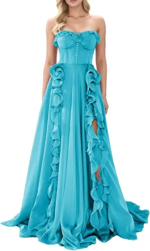 Strapless Prom Dresses for Women 2025 with Slit Long Ball Gown A-Line Ruffles Chiffon Formal Evening Dress