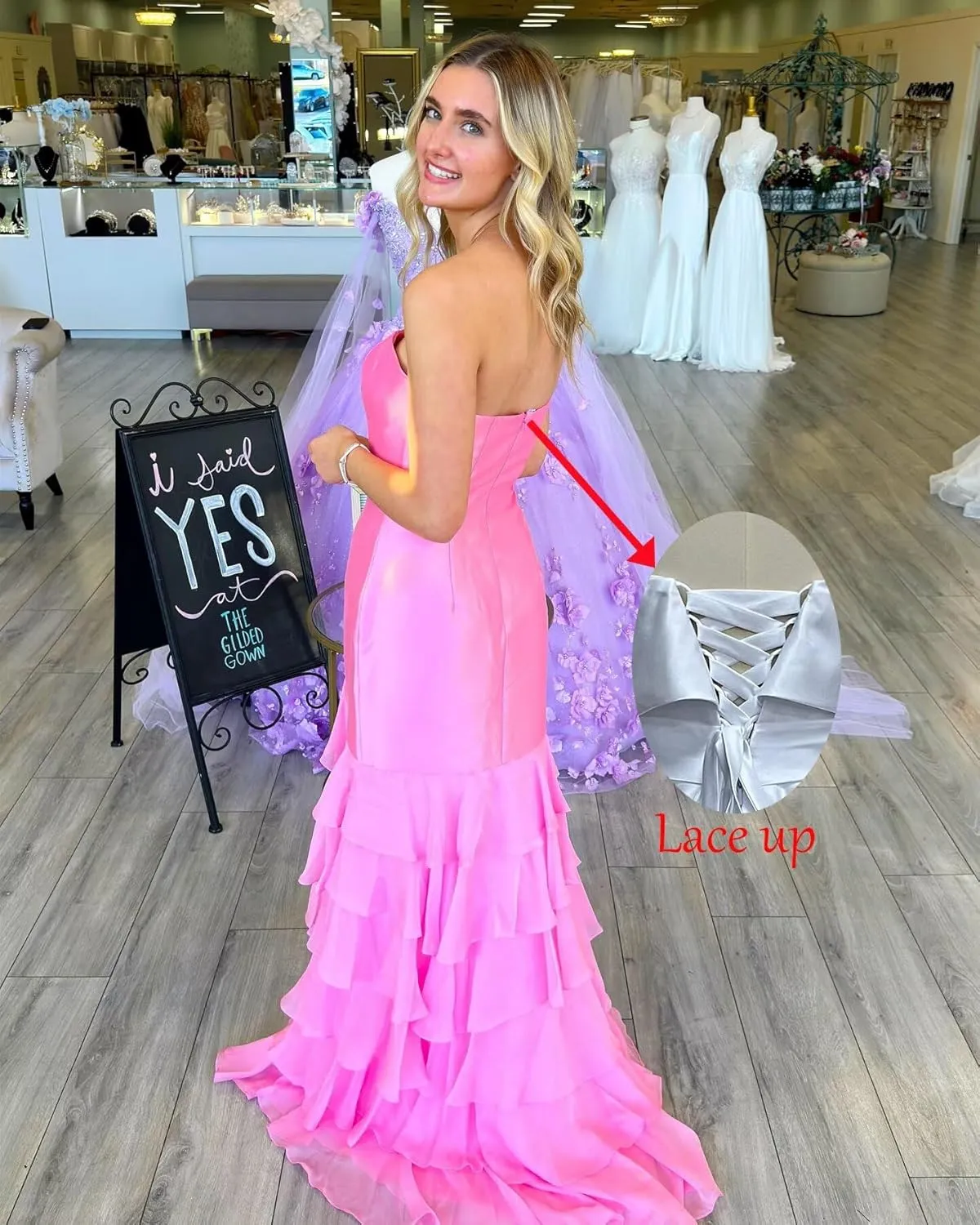 Strapless Satin Prom Dresses for Women Mermaid Bridesmaid Dress Tiered Ruffle Chiffon Evening Party Gown Long Slit