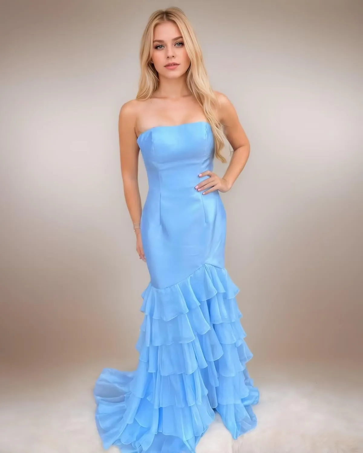 Strapless Satin Prom Dresses for Women Mermaid Bridesmaid Dress Tiered Ruffle Chiffon Evening Party Gown Long Slit