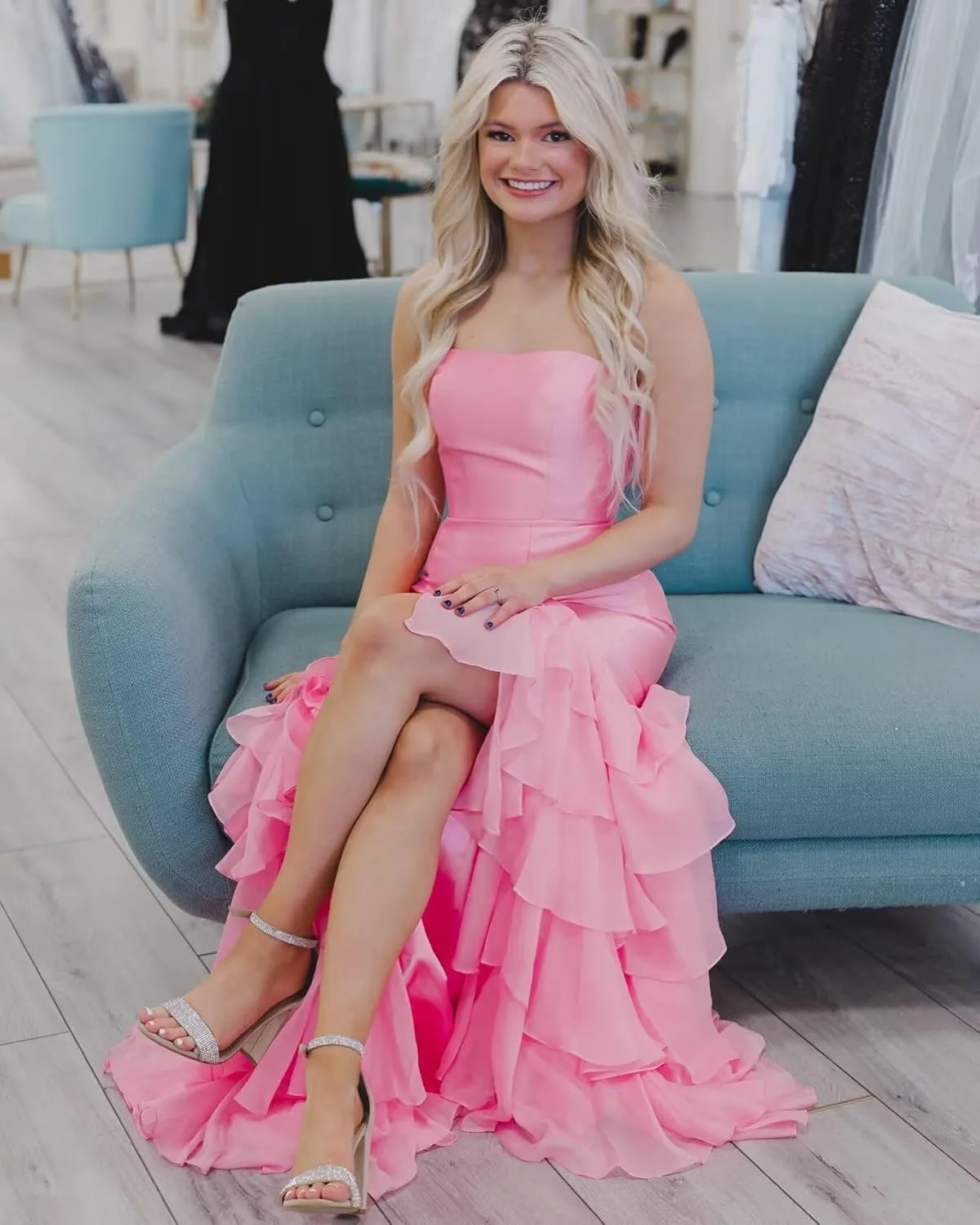 Strapless Satin Prom Dresses for Women Mermaid Bridesmaid Dress Tiered Ruffle Chiffon Evening Party Gown Long Slit