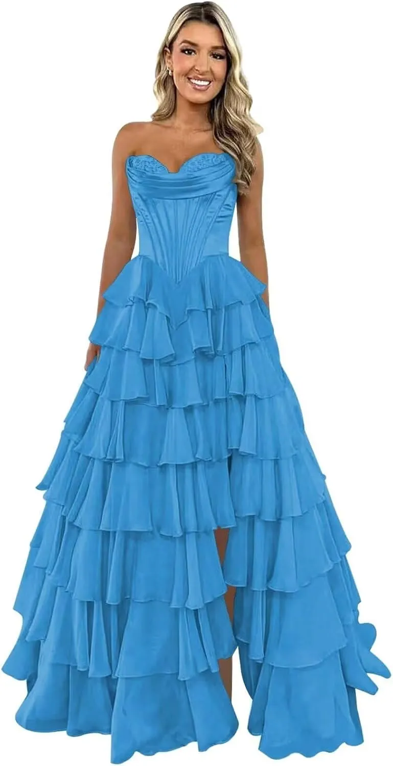 Strapless Tiered Prom Dresses for Women Chiffon Ruffle Corset Formal Evening Gowns with Slit