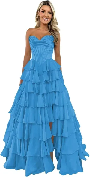 Strapless Tiered Prom Dresses for Women Chiffon Ruffle Corset Formal Evening Gowns with Slit