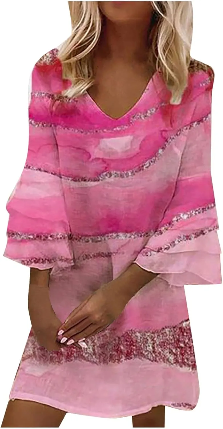 Summer Dresses for Women 2024 Floral Casual Sundress V-Neck Print 3/4 Sleeve Ruffle Cap Beach Vacation