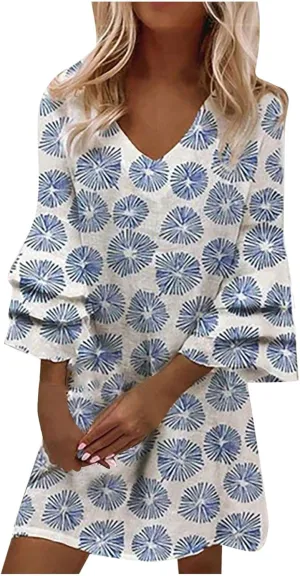 Summer Dresses for Women 2024 Floral Casual Sundress V-Neck Print 3/4 Sleeve Ruffle Cap Beach Vacation