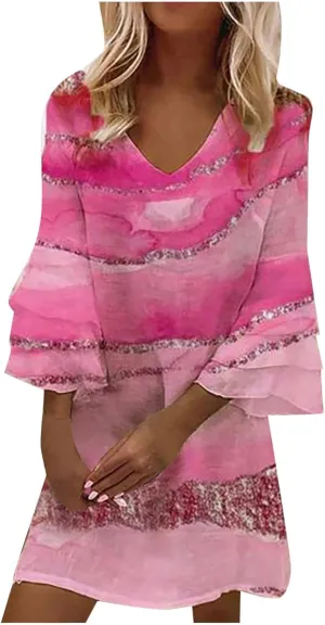 Summer Dresses for Women 2024 Floral Casual Sundress V-Neck Print 3/4 Sleeve Ruffle Cap Beach Vacation