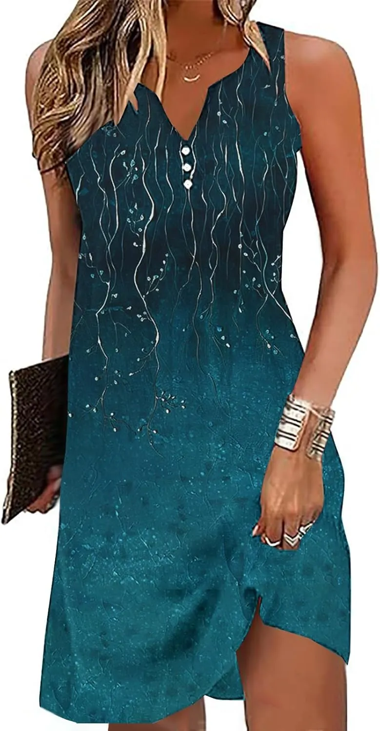 Summer Dresses for Women 2025 Beach Vacation Boho Floral Tunic Dress Sexy v Neck Sleeveless Mini Tank Sundress