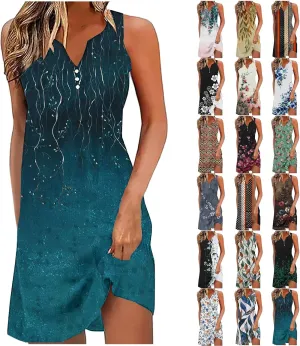 Summer Dresses for Women 2025 Beach Vacation Boho Floral Tunic Dress Sexy v Neck Sleeveless Mini Tank Sundress
