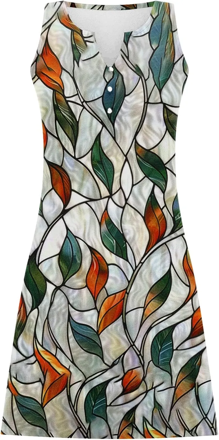 Summer Dresses for Women 2025 Beach Vacation Boho Floral Tunic Dress Sexy v Neck Sleeveless Mini Tank Sundress