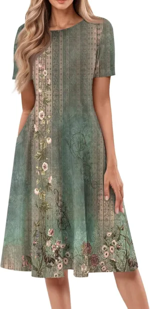 Summer Dresses for Women 2025 Beach Vacation Elegant Crewneck Short Sleeve A Line Dress Side Pockets Midi Sun Dress