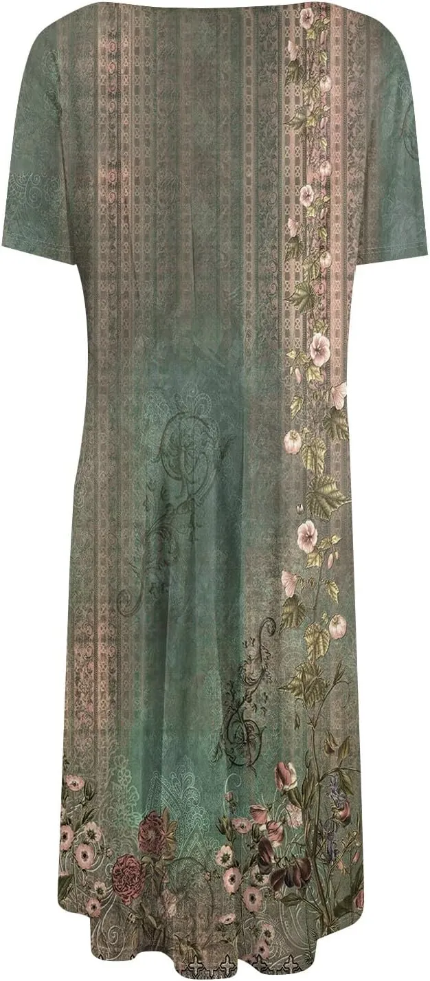 Summer Dresses for Women 2025 Beach Vacation Elegant Crewneck Short Sleeve A Line Dress Side Pockets Midi Sun Dress