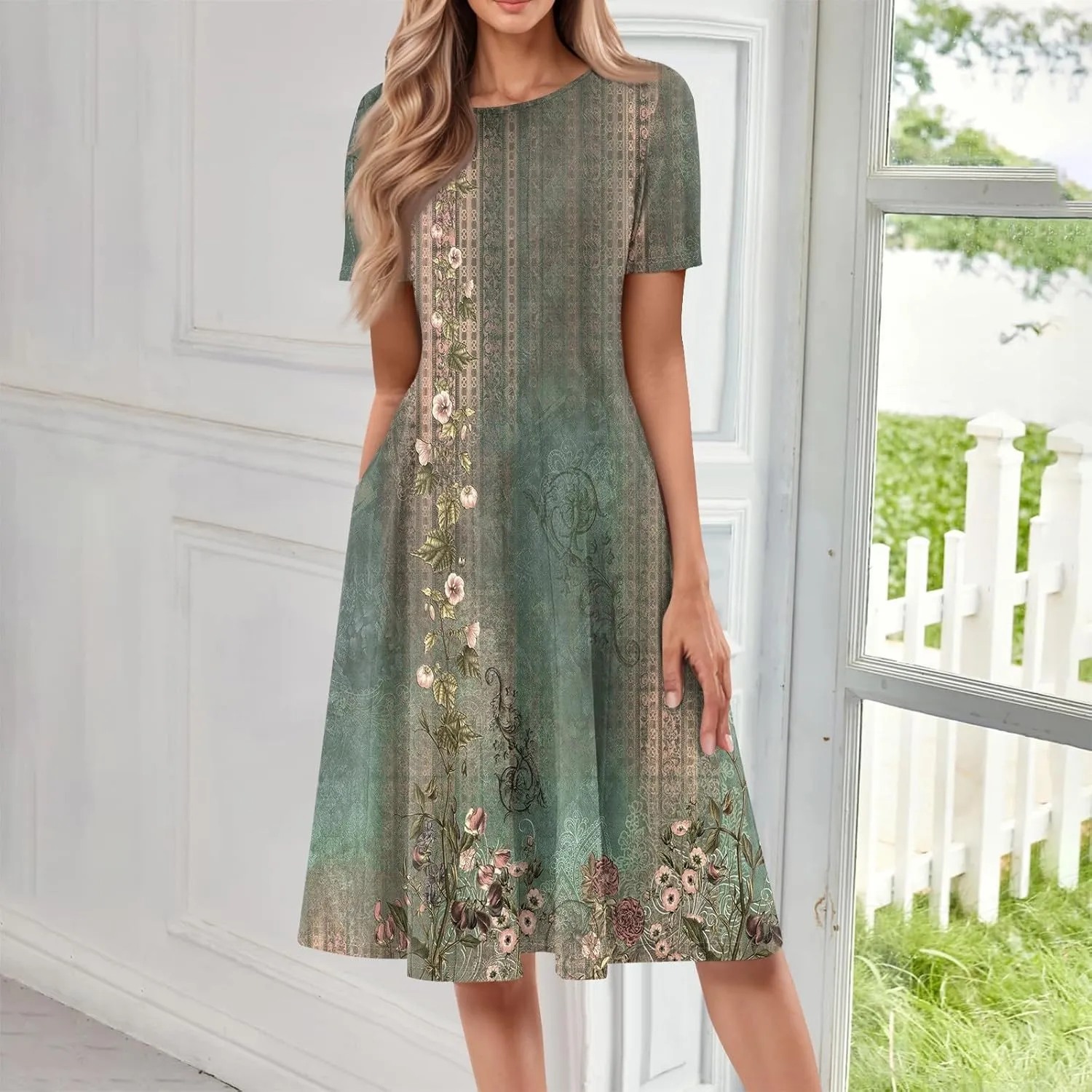 Summer Dresses for Women 2025 Beach Vacation Elegant Crewneck Short Sleeve A Line Dress Side Pockets Midi Sun Dress
