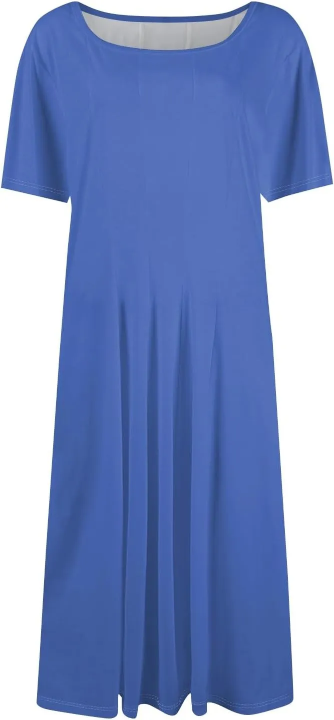 Summer Dresses for Women 2025 Beach Vacation Spring Clothes Short Sleeve Round Neck Fashion Midi Dress
