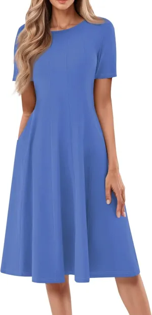 Summer Dresses for Women 2025 Beach Vacation Spring Clothes Short Sleeve Round Neck Fashion Midi Dress