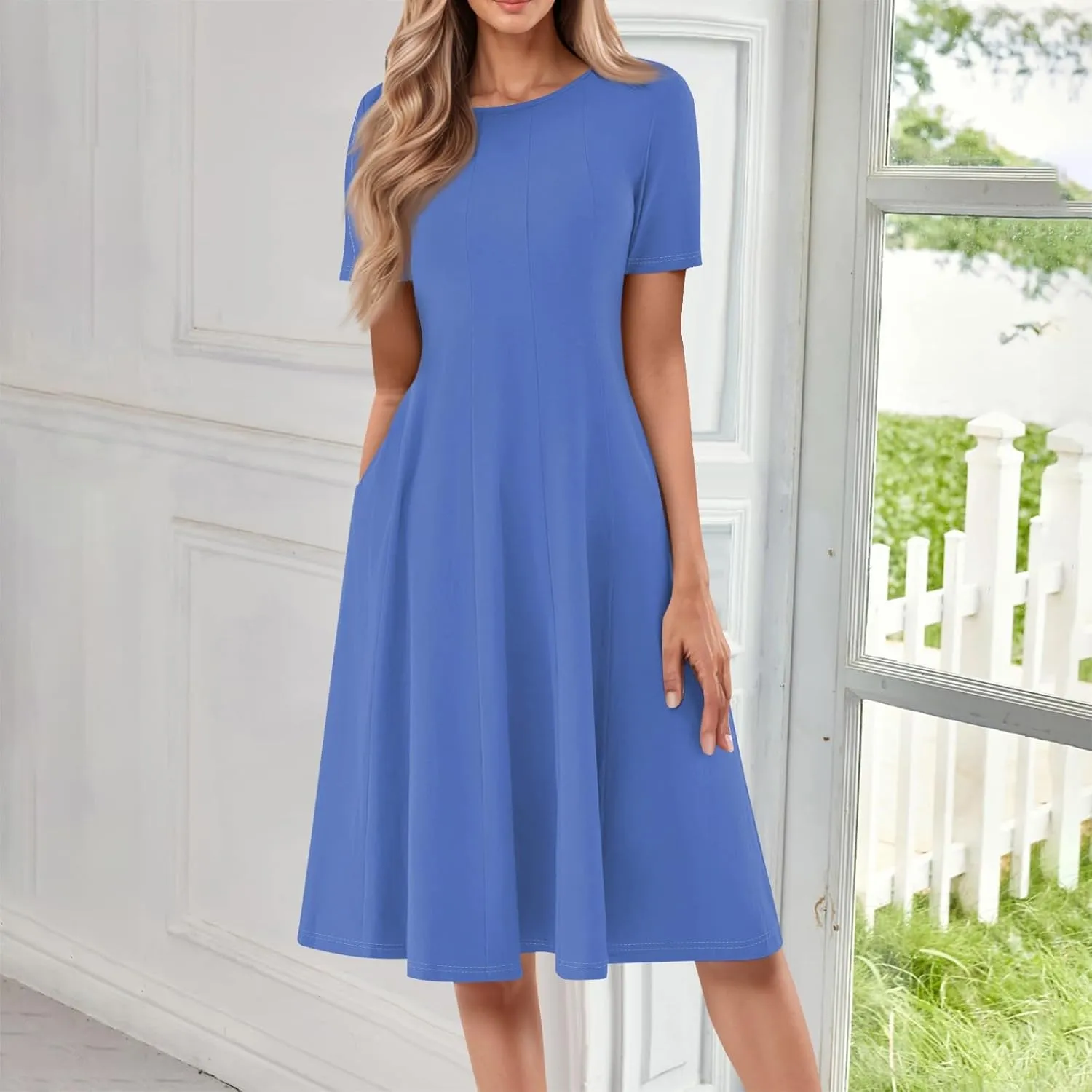 Summer Dresses for Women 2025 Beach Vacation Spring Clothes Short Sleeve Round Neck Fashion Midi Dress