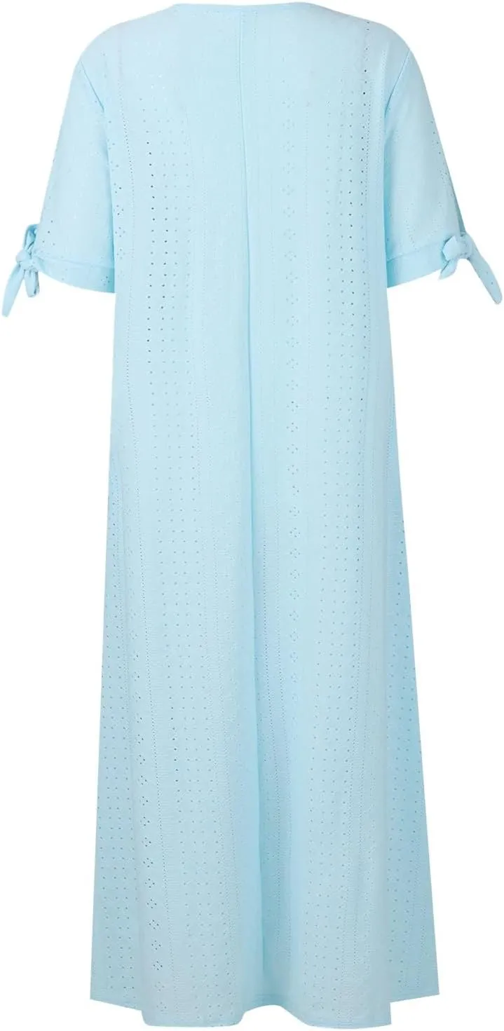 Summer Dresses for Women 2025 Casual Button Up Short Sleeve Eyelet Dress for Women Boho Tshirt Dress Beach Vacation Sundress