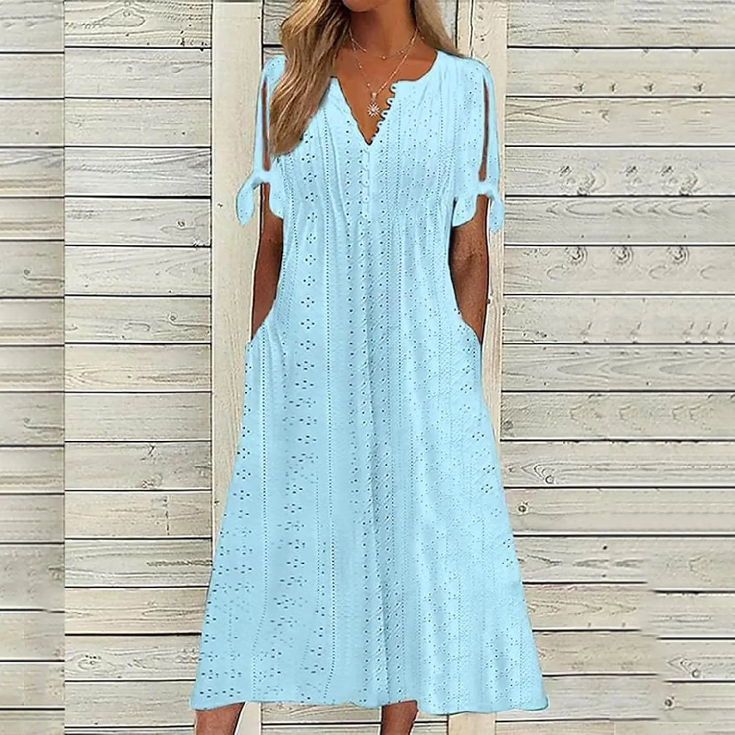 Summer Dresses for Women 2025 Casual Button Up Short Sleeve Eyelet Dress for Women Boho Tshirt Dress Beach Vacation Sundress