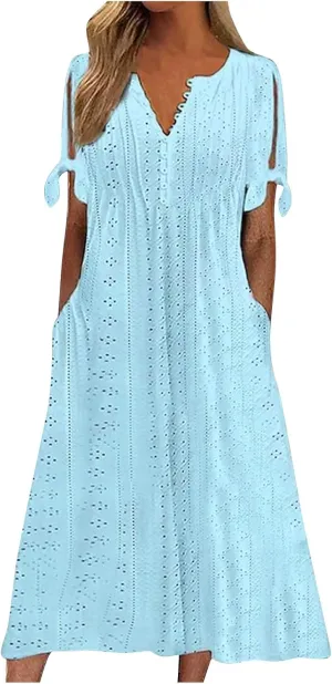 Summer Dresses for Women 2025 Casual Button Up Short Sleeve Eyelet Dress for Women Boho Tshirt Dress Beach Vacation Sundress