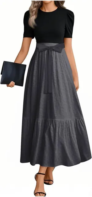 Summer Dresses for Women 2025 Floral Print Wrap Short Sleeve Maxi Dress Patchwork Ruffle Hem A Line Dress