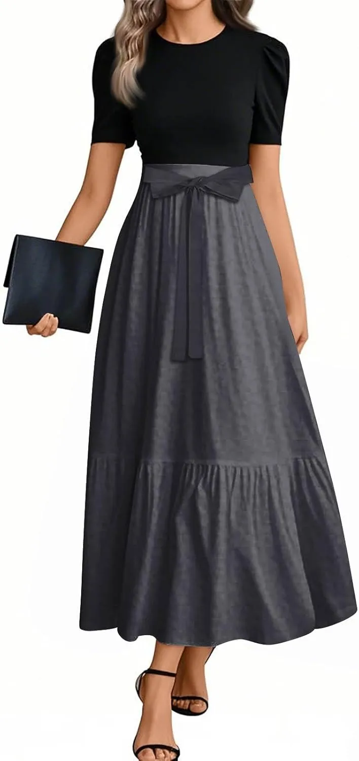 Summer Dresses for Women 2025 Floral Print Wrap Short Sleeve Maxi Dress Patchwork Ruffle Hem A Line Dress