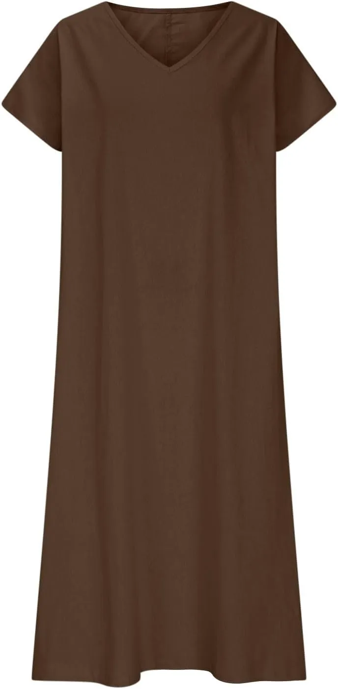 Summer Dresses for Women 2025 Linen V Neck Dress Casual Short Sleeve Dresses Flowy Beach Maxi Dress
