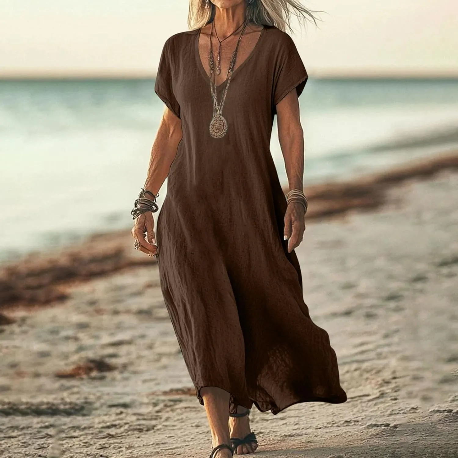 Summer Dresses for Women 2025 Linen V Neck Dress Casual Short Sleeve Dresses Flowy Beach Maxi Dress