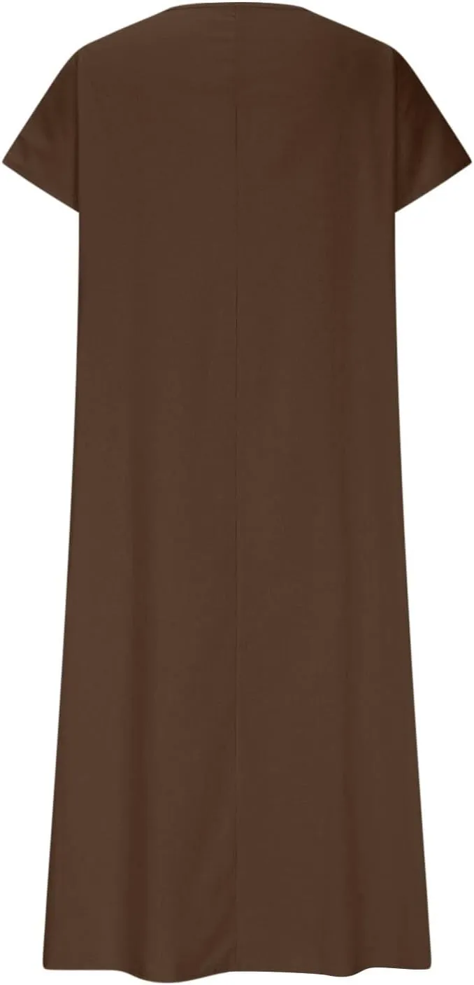 Summer Dresses for Women 2025 Linen V Neck Dress Casual Short Sleeve Dresses Flowy Beach Maxi Dress