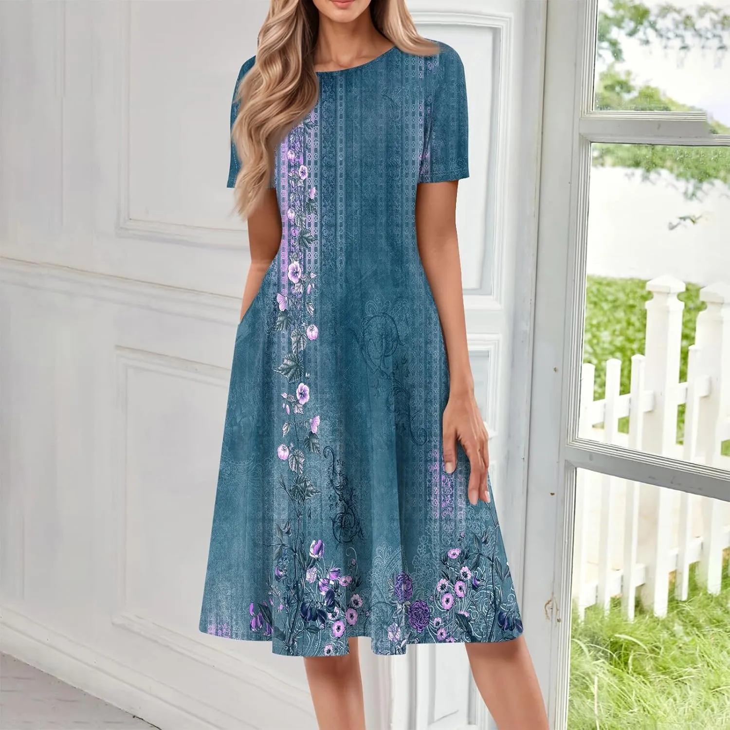 Summer Dresses for Women 2025 Midi Short Sleeve Crew Neck Women Dress Fashion Pleated with Side Pocket A Line Dress