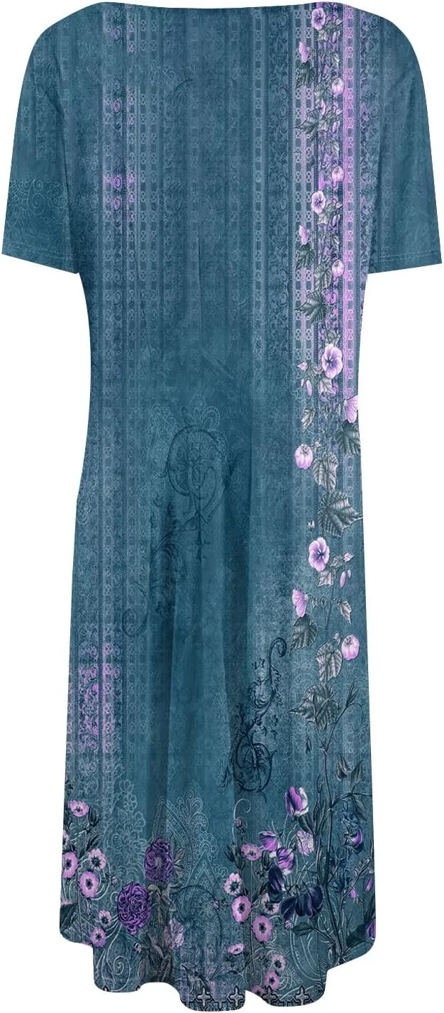 Summer Dresses for Women 2025 Midi Short Sleeve Crew Neck Women Dress Fashion Pleated with Side Pocket A Line Dress