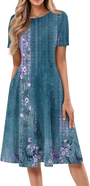 Summer Dresses for Women 2025 Midi Short Sleeve Crew Neck Women Dress Fashion Pleated with Side Pocket A Line Dress