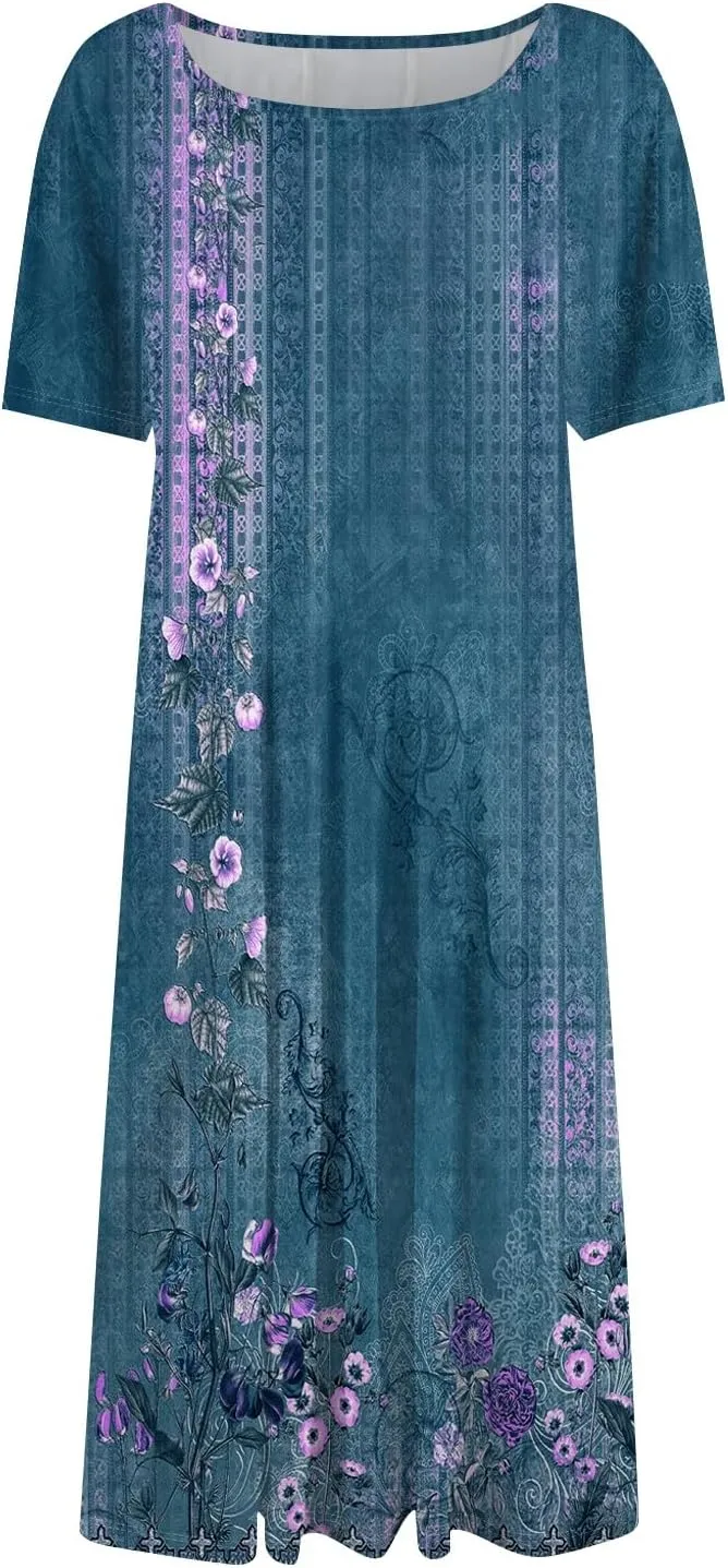 Summer Dresses for Women 2025 Midi Short Sleeve Crew Neck Women Dress Fashion Pleated with Side Pocket A Line Dress