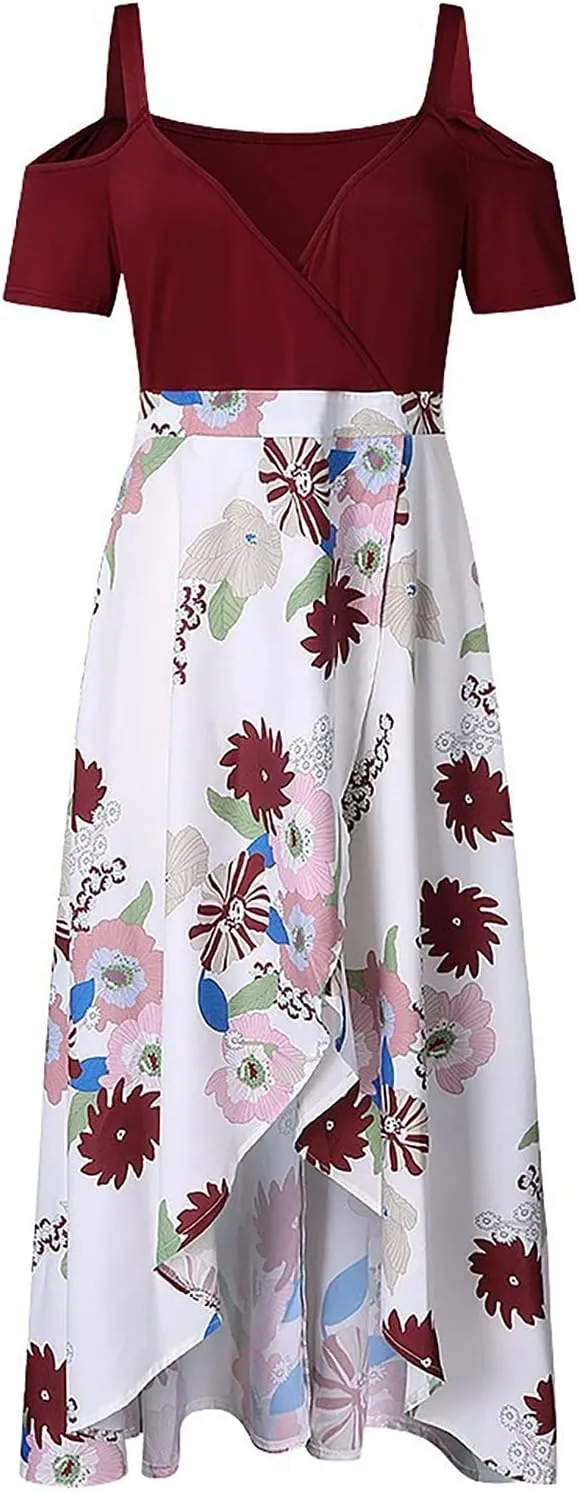 Summer Dresses for Women 2025 Plus Size Wedding Guest Dress Casual Print Boho High Low V-Neck Maxi Beach Dress