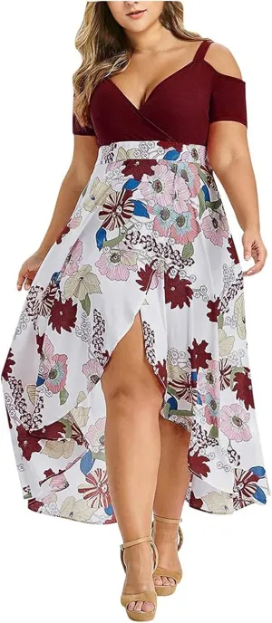 Summer Dresses for Women 2025 Plus Size Wedding Guest Dress Casual Print Boho High Low V-Neck Maxi Beach Dress