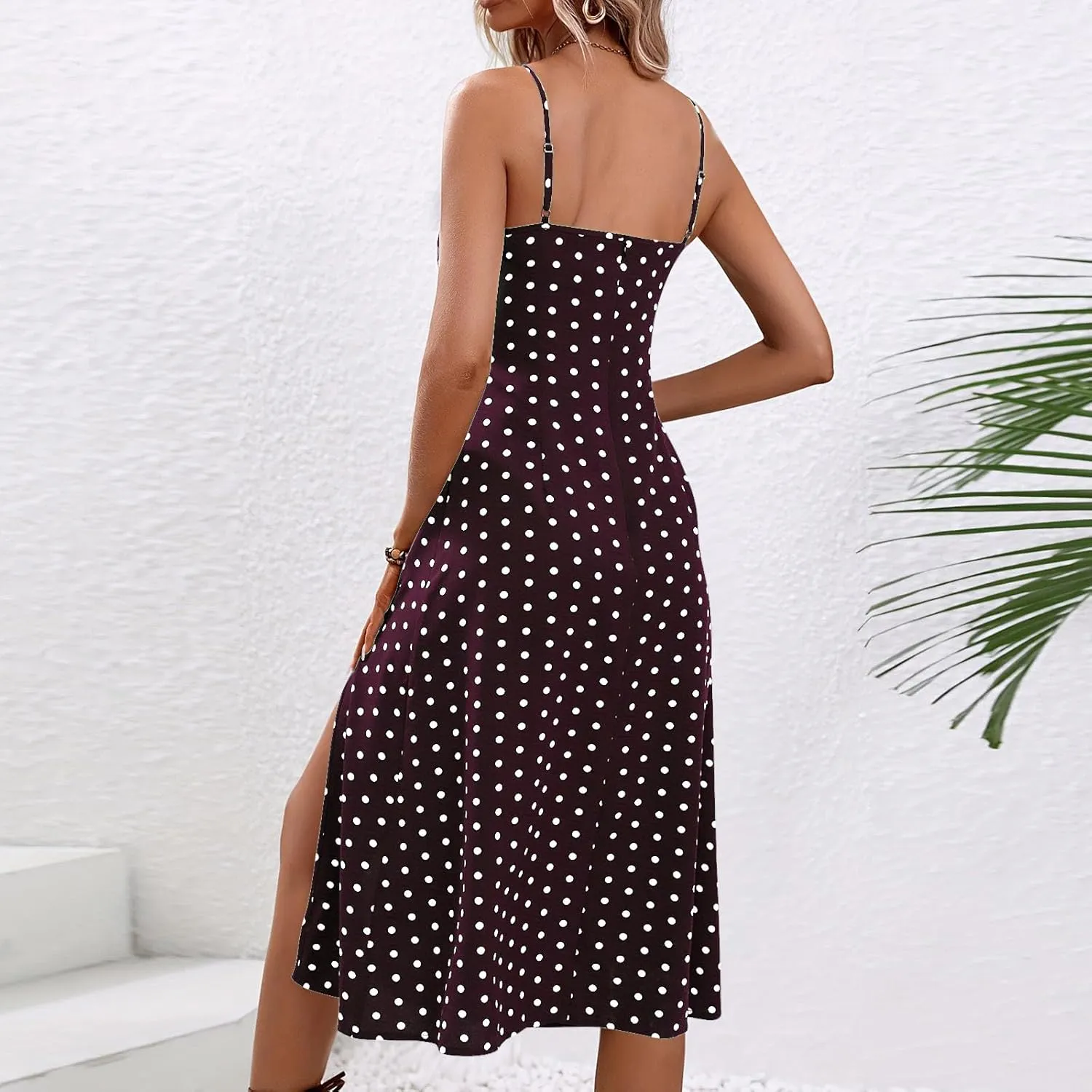 Summer Dresses for Women 2025 Polka Dot Spaghetti Strap Sexy Slit Midi Dresses Casual Vacation Beach Boho Sundress