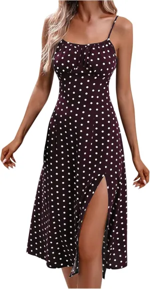 Summer Dresses for Women 2025 Polka Dot Spaghetti Strap Sexy Slit Midi Dresses Casual Vacation Beach Boho Sundress