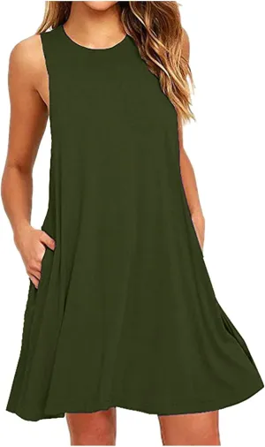 Summer Dresses for Women 2025 Sleeveless Mini Sundresses Crewneck Swing Dress Trendy Vacation Beach Dress with Pockets