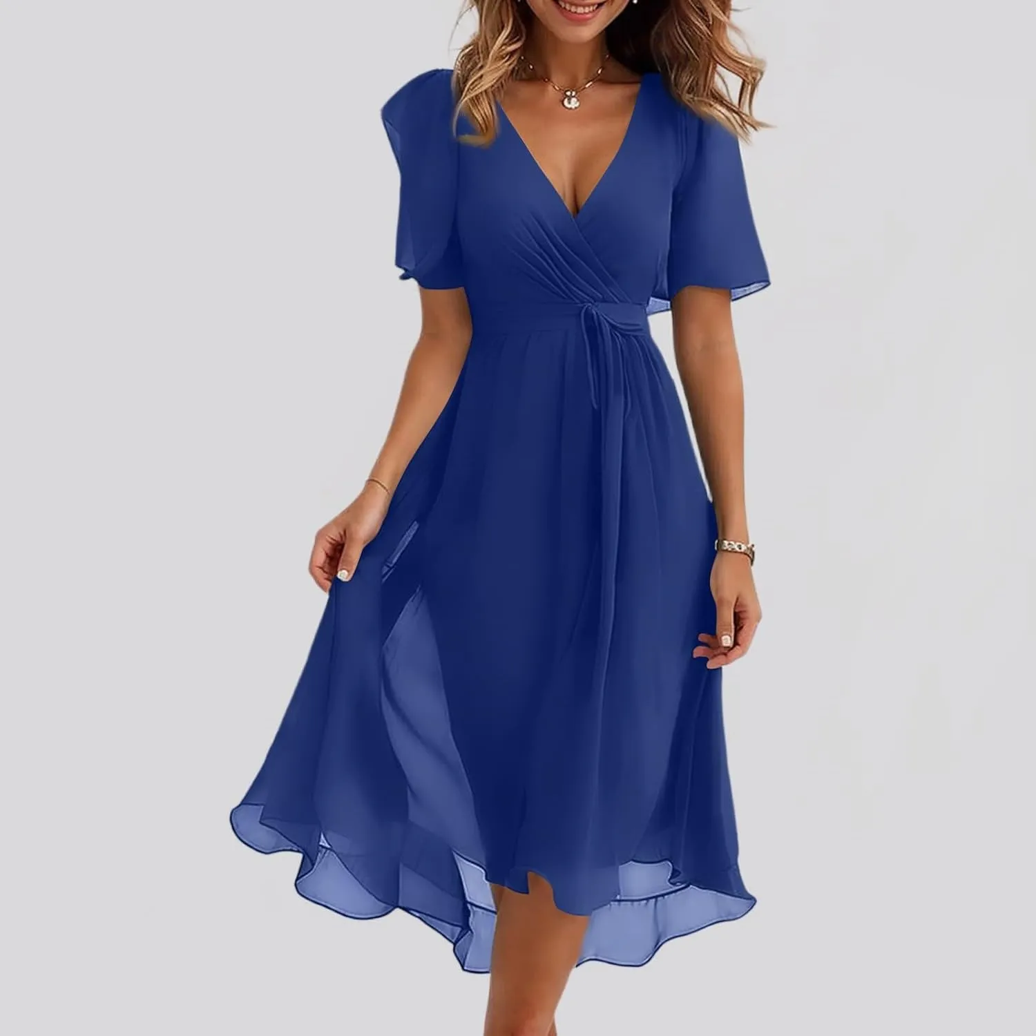 Summer Dresses for Women 2025 Trendy Floral Ruffle Sleeve Midi Dress Elegant V Neck Wrap Tie Waist Overlay Mesh Sundresses