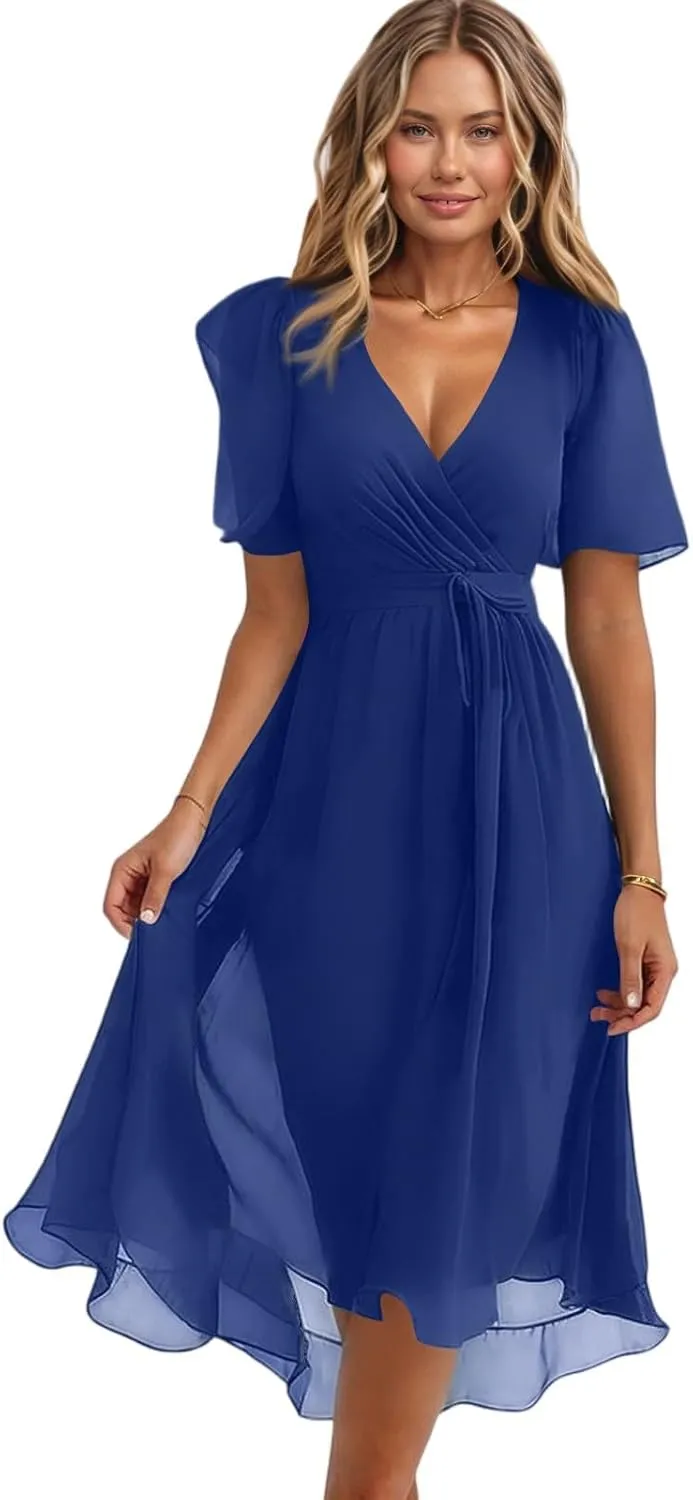 Summer Dresses for Women 2025 Trendy Floral Ruffle Sleeve Midi Dress Elegant V Neck Wrap Tie Waist Overlay Mesh Sundresses