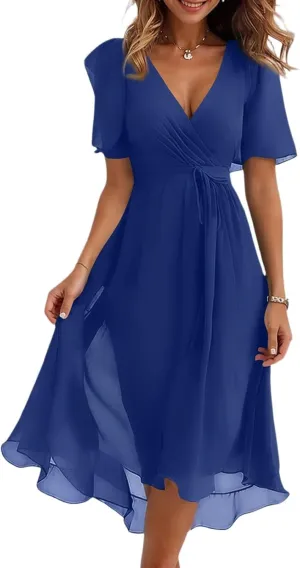 Summer Dresses for Women 2025 Trendy Floral Ruffle Sleeve Midi Dress Elegant V Neck Wrap Tie Waist Overlay Mesh Sundresses