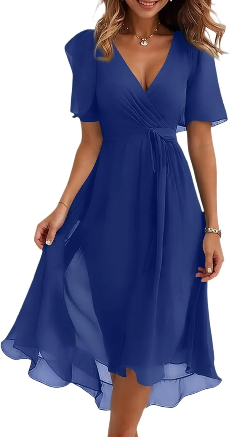 Summer Dresses for Women 2025 Trendy Floral Ruffle Sleeve Midi Dress Elegant V Neck Wrap Tie Waist Overlay Mesh Sundresses