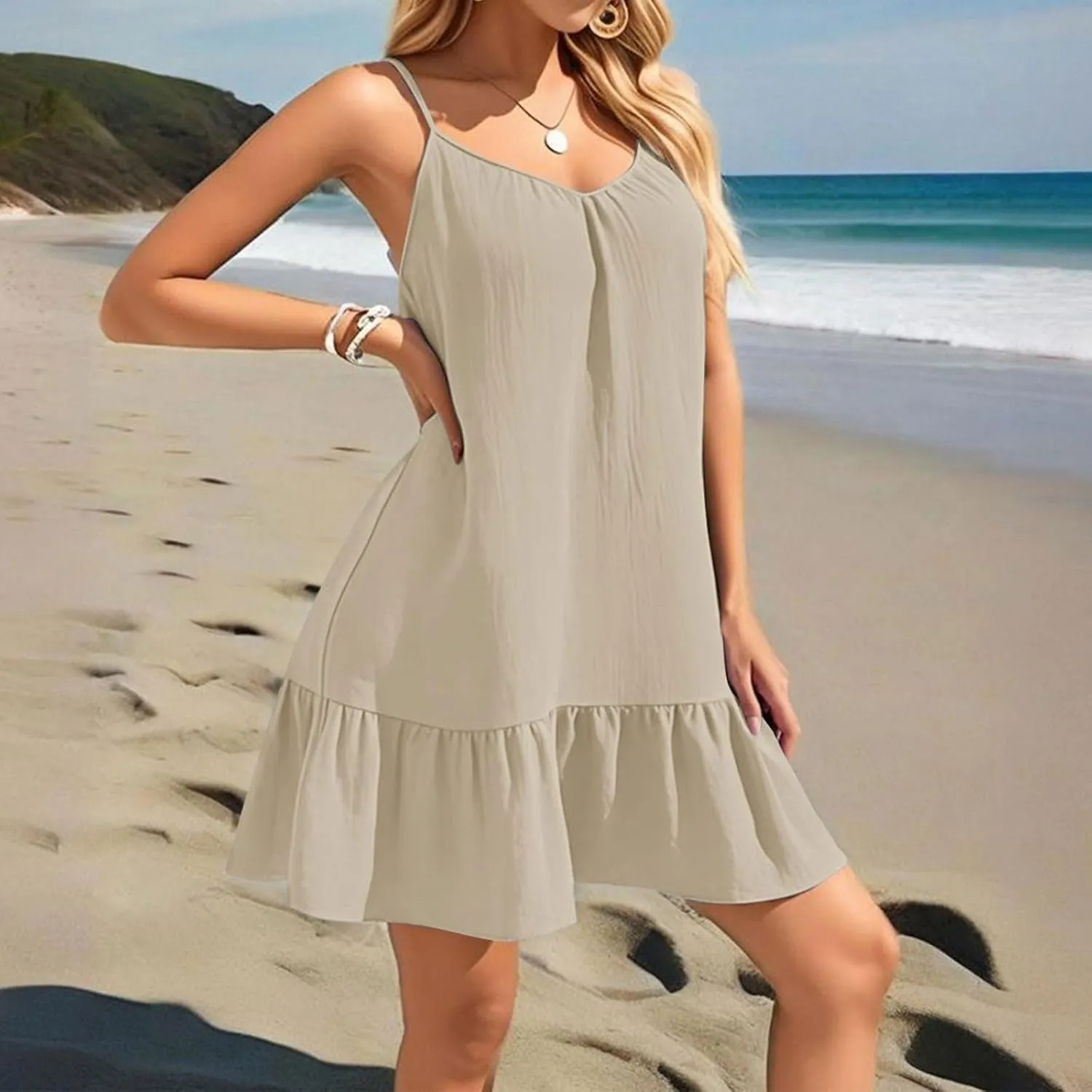 Summer Dresses for Women 2025 Vacation Spaghetti Strap Sleeveless Sexy Mini Dress Ruffle Hem Loose Flowy Beach Dress