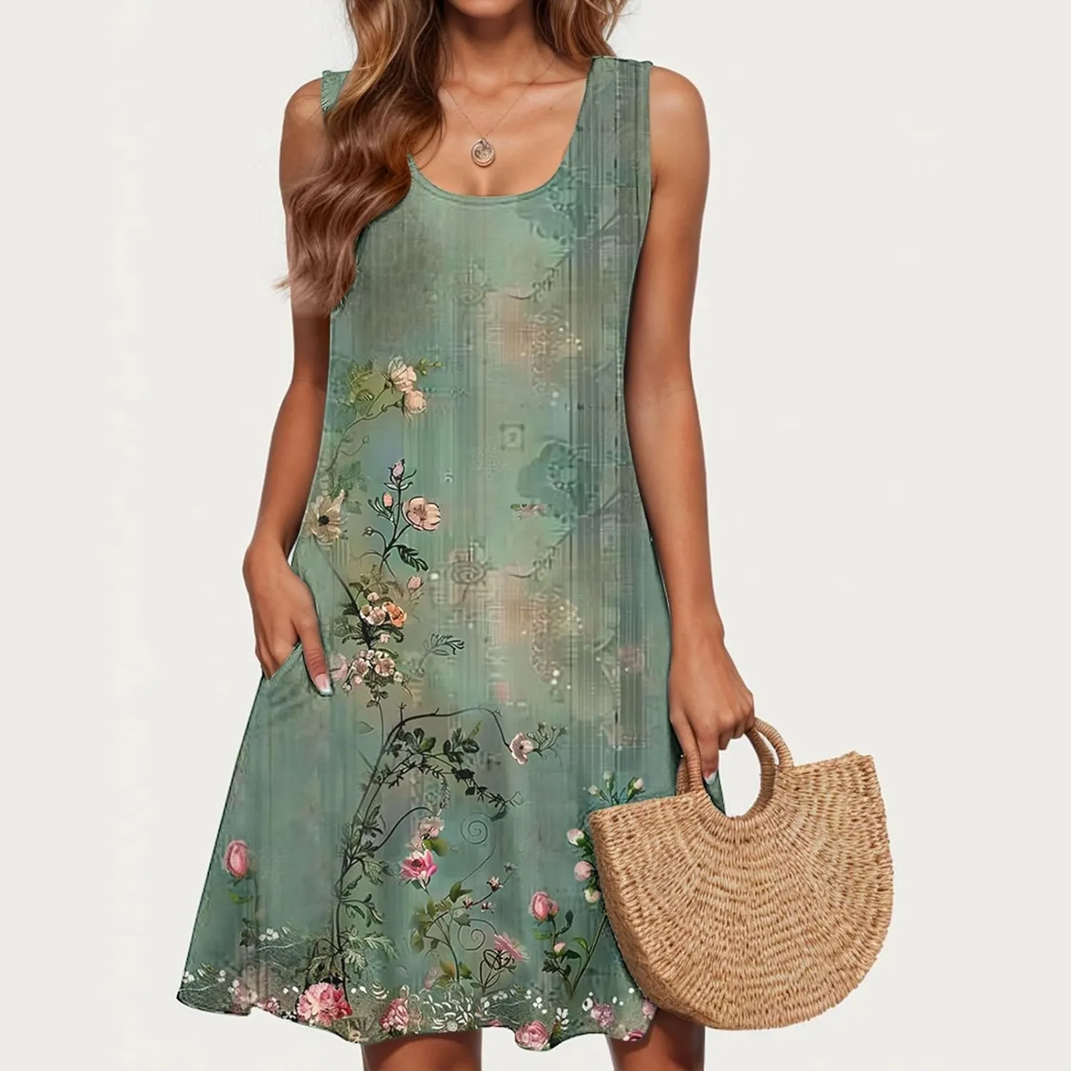 Summer Dresses for Women 2025 Vacation V Neck Ruffle Dress Sleeveless Floral Mini Dress Holiday Vacation Clothes