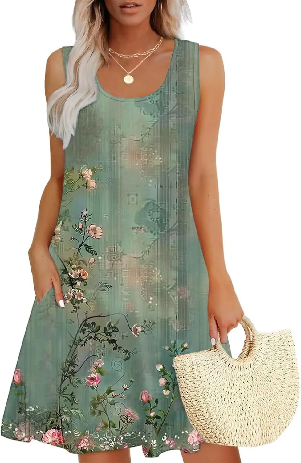 Summer Dresses for Women 2025 Vacation V Neck Ruffle Dress Sleeveless Floral Mini Dress Holiday Vacation Clothes