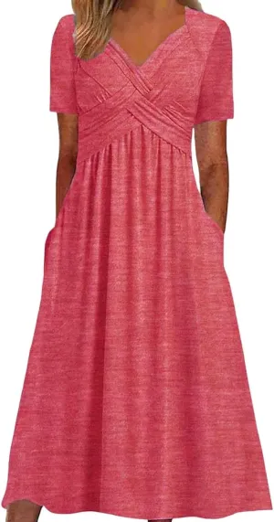 Summer Dresses for Women 2025 Vacation V Neck Short Sleeve Criss Cross Wrap Maxi Dress Flowy Beach Sundress with Pockets