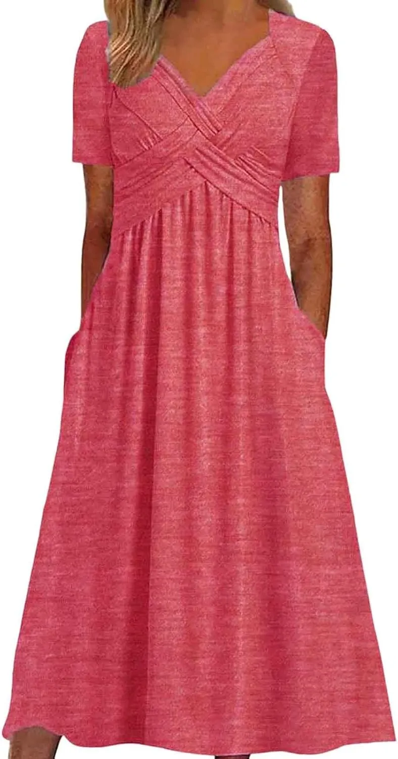 Summer Dresses for Women 2025 Vacation V Neck Short Sleeve Criss Cross Wrap Maxi Dress Flowy Beach Sundress with Pockets