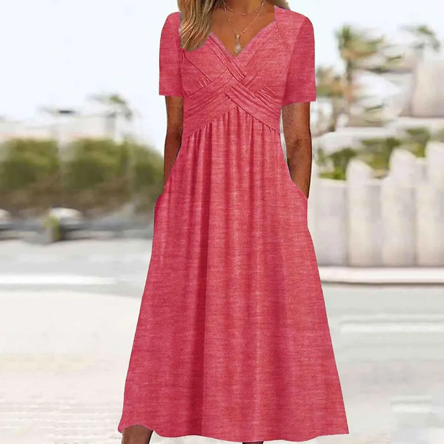 Summer Dresses for Women 2025 Vacation V Neck Short Sleeve Criss Cross Wrap Maxi Dress Flowy Beach Sundress with Pockets