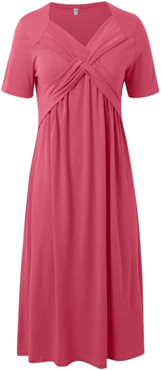 Summer Dresses for Women 2025 Vacation V Neck Short Sleeve Criss Cross Wrap Maxi Dress Flowy Beach Sundress with Pockets