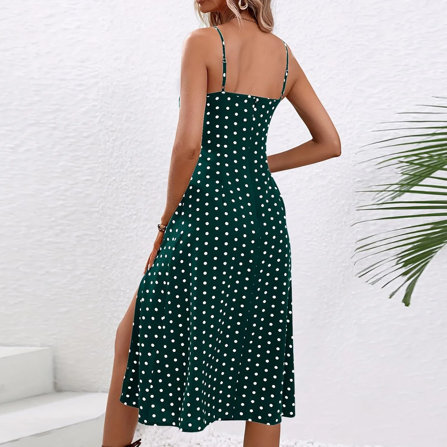 Summer Dresses for Women Sleeveless Spaghetti Straps Split Sundress Casual Polka Dot Print Dress Elegant Midi Dress